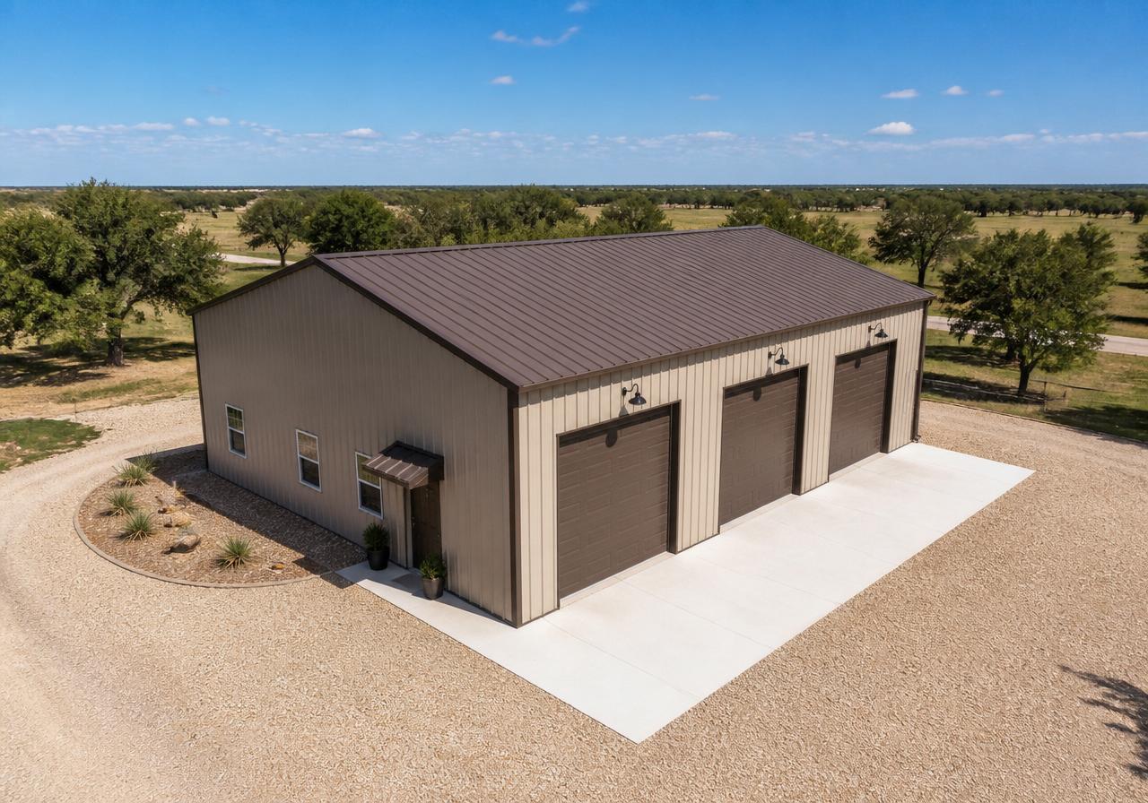 Simple residential metal garage on a rural property